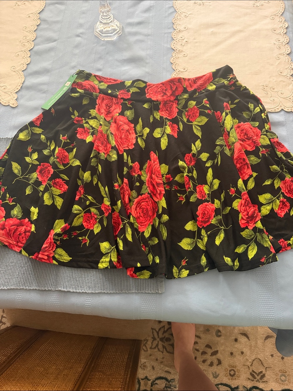 Floral Red Rose Swing Skirt - Black Background